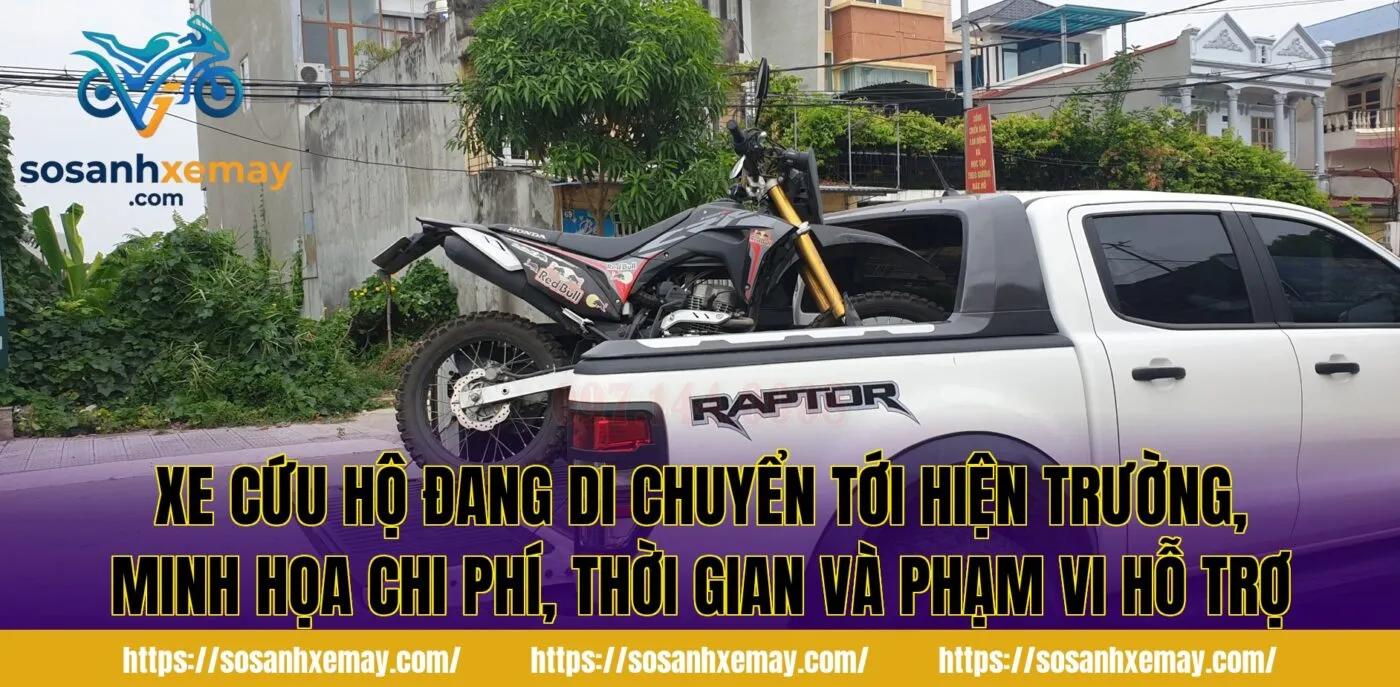 Xe cứu hộ đang di chuyển tới hiện trường, minh họa chi phí, thời gian và phạm vi hỗ trợ