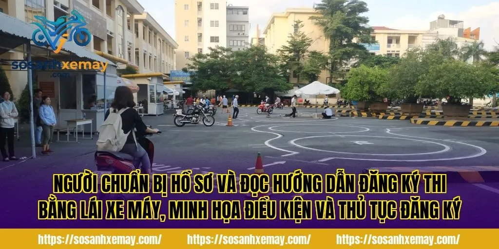 Người chuẩn bị hồ sơ và đọc hướng dẫn đăng ký thi bằng lái xe máy, minh họa điều kiện và thủ tục đăng ký