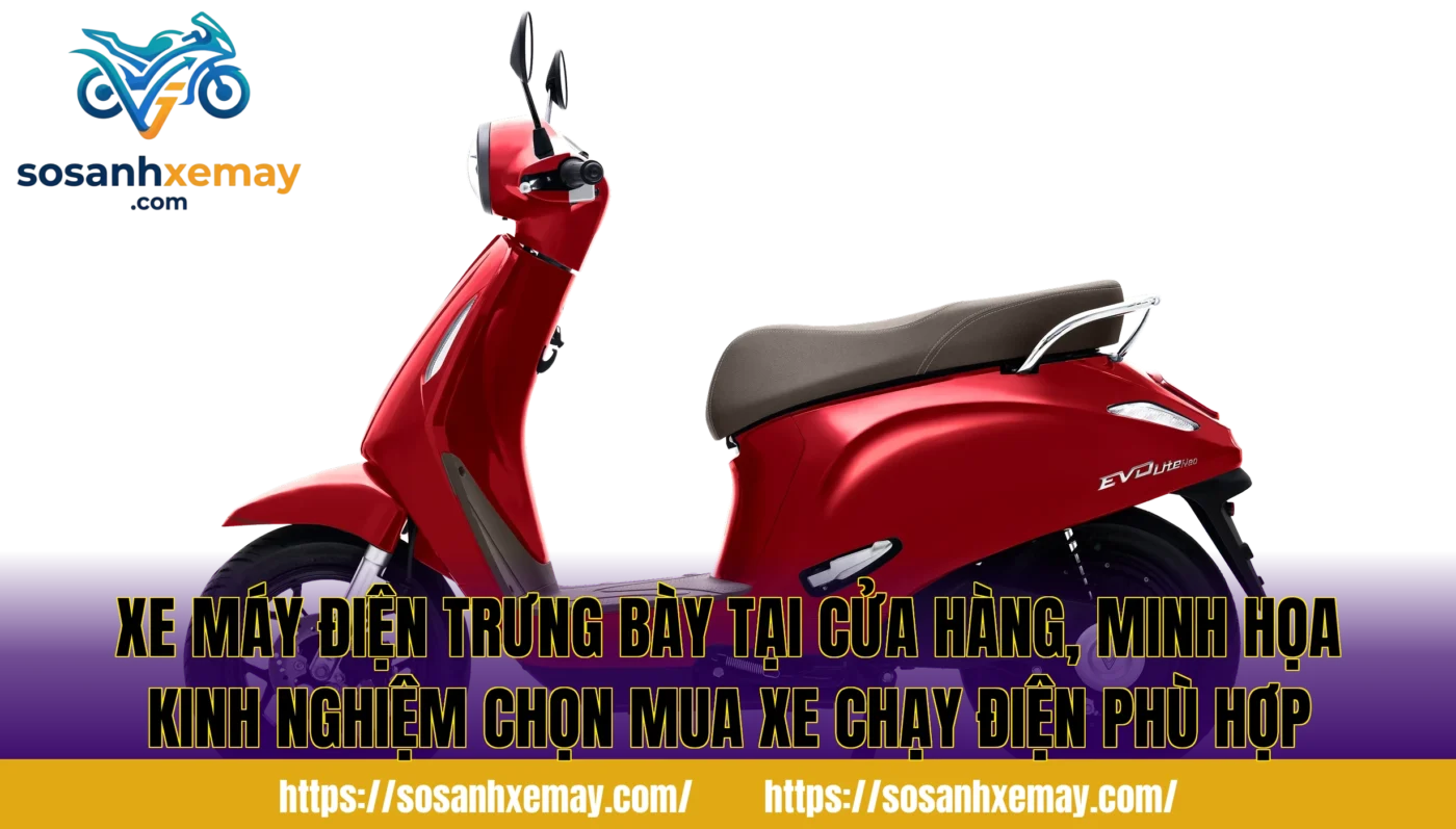 Xe máy điện trưng bày tại cửa hàng, minh họa kinh nghiệm chọn mua xe chạy điện phù hợp