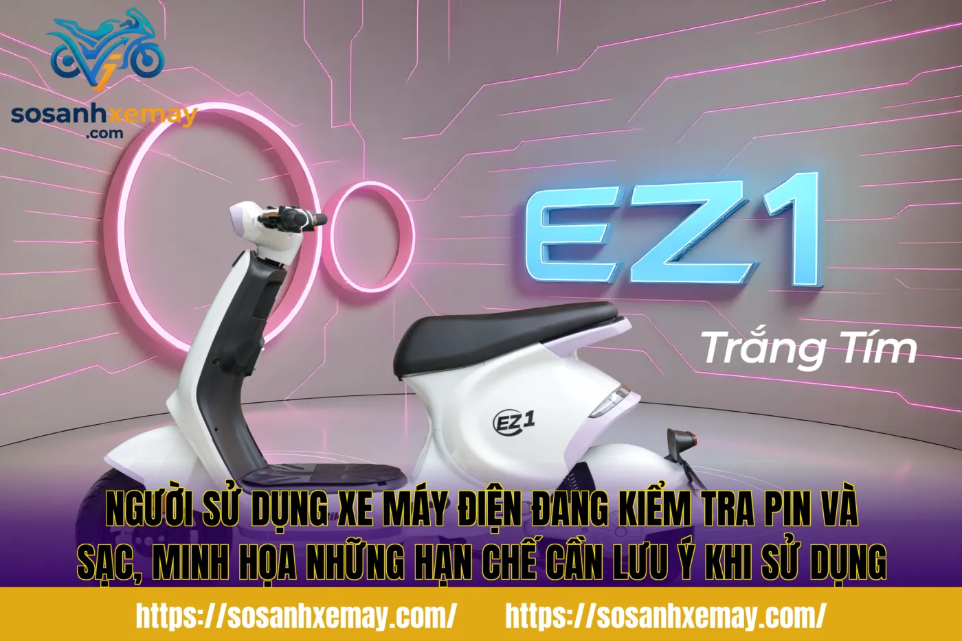 Người sử dụng xe máy điện đang kiểm tra pin và sạc, minh họa những hạn chế cần lưu ý khi sử dụng