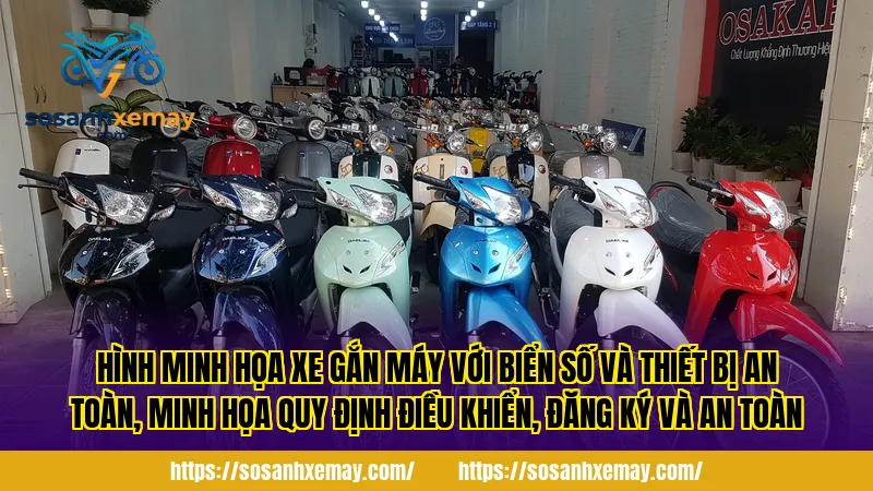 Hình minh họa xe gắn máy với biển số và thiết bị an toàn, minh họa quy định điều khiển, đăng ký và an toàn